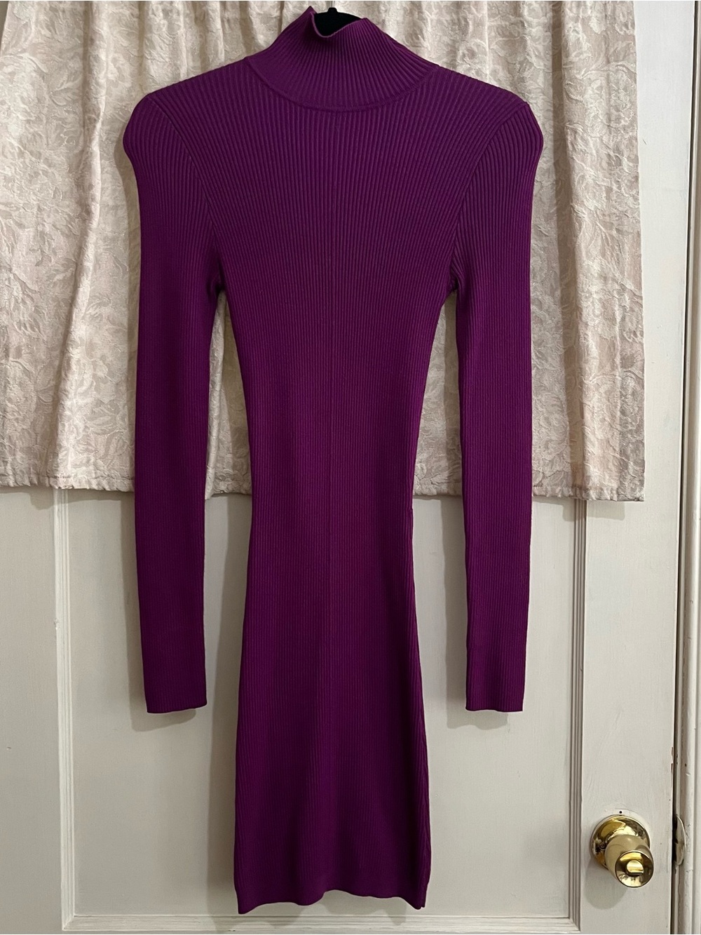 Marciano Long-Sleeve Ribbed Mock Neck Dress in Plum